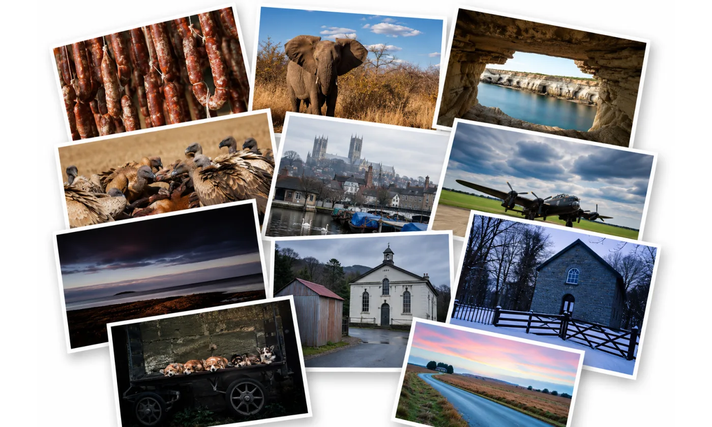 A collage of photographs from Lewis James Phillips’s archive: landscapes, wildlife, architecture and documentary work